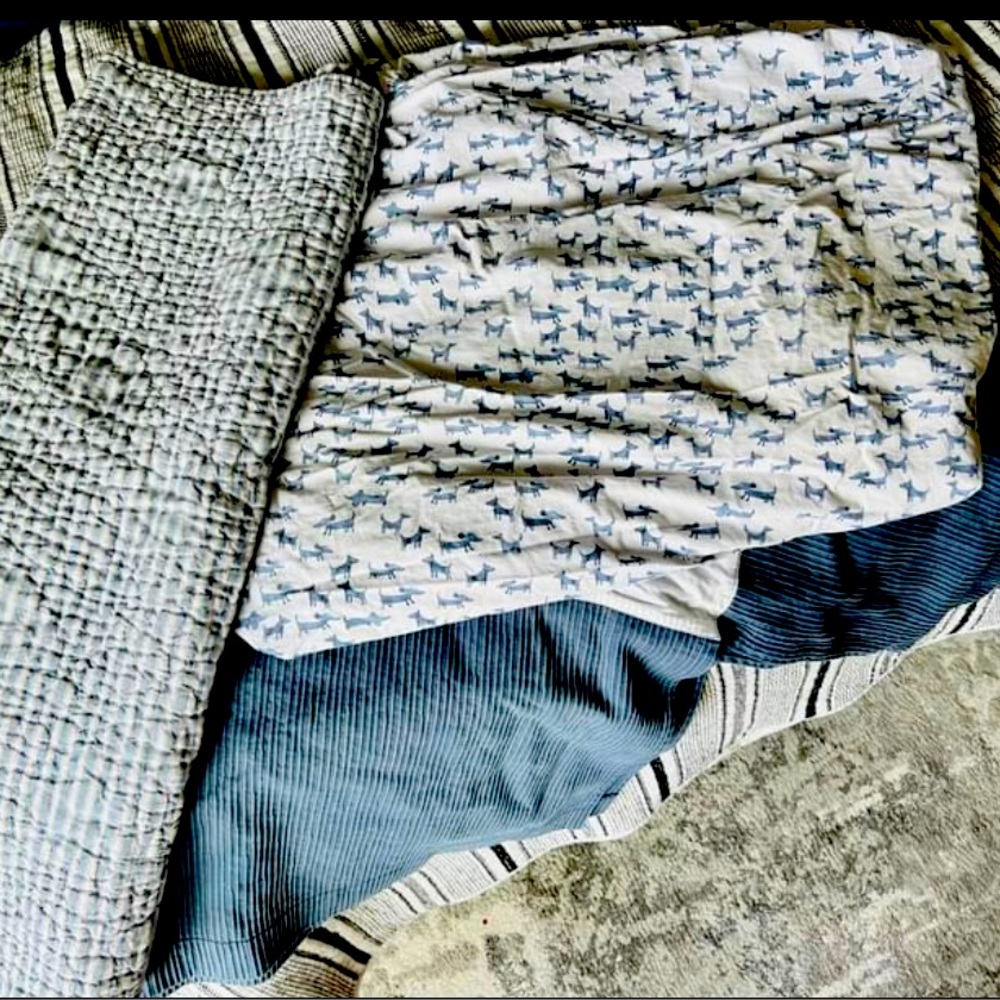 Pottery Barn Baby sleep set. dogs on fitted sheet, blue corduroy skirt and quilt